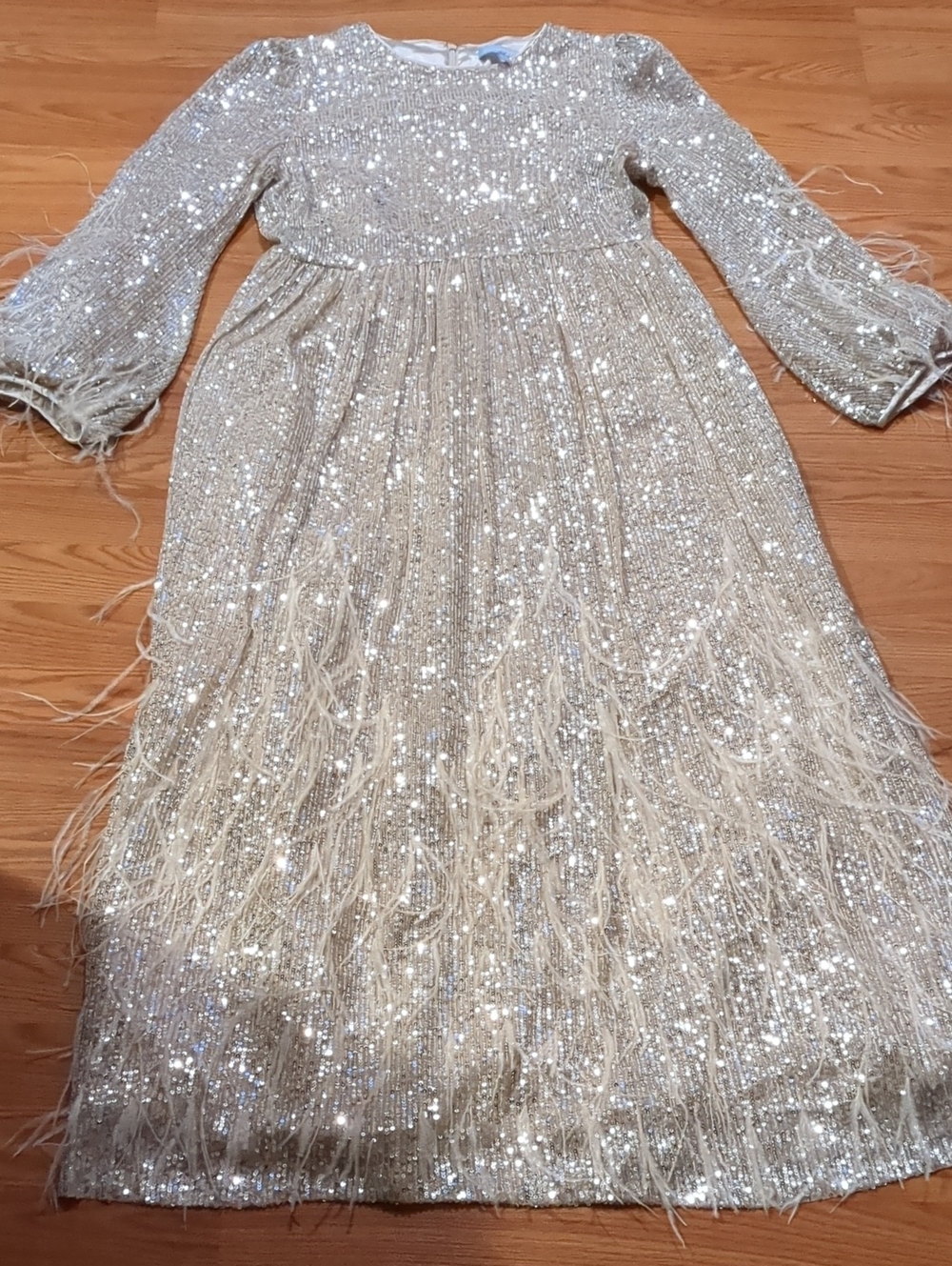 Antonio Melani x Nicola Bathie Nicola Sequin Feather Maxi Dress Champagne 10